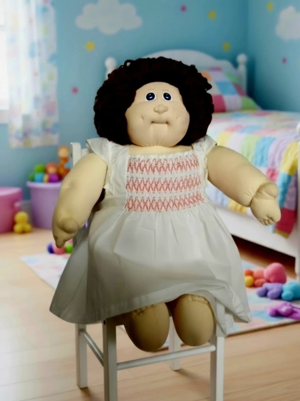 Plush Cream Skinned Doll with Brown Curly Hair and White Dress